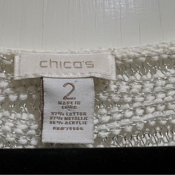 Chicos Silver Metallic Thread And White Short Sleeve Summer Sweater Sz 2 Medium - Picture 6 of 8